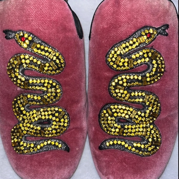 GUCCI Kingsnake Lawrence mules pink yellow size 7 velvet slippers slides snake - Picture 6 of 16